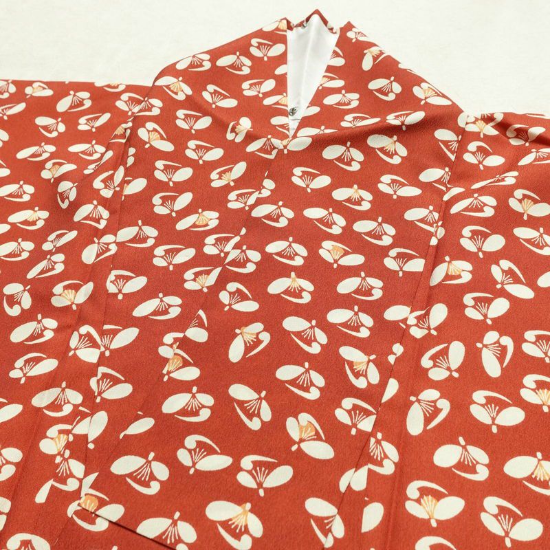 小紋 良品 縮緬 総柄 ポリエステル 花柄 袷仕立て 身丈164cm 裄丈64.5cm 着物 赤・朱_画像15