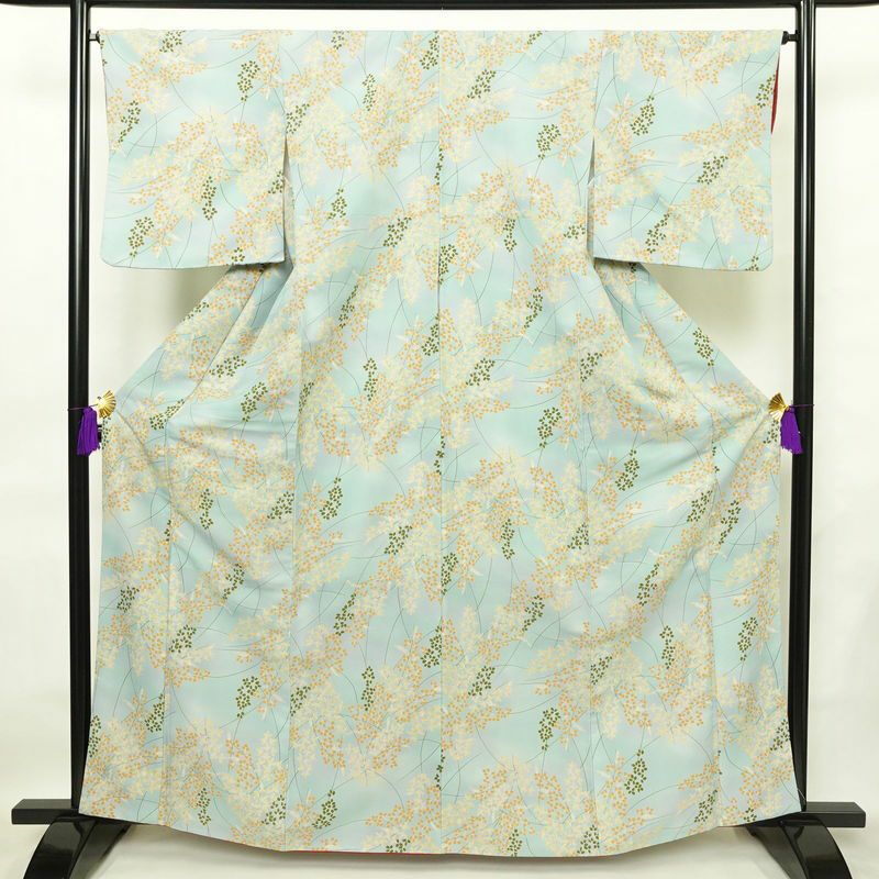 小紋 ポリエステル 木の葉・植物柄 袷仕立て 身丈164cm 裄丈66cm 着物 青・紺_画像1