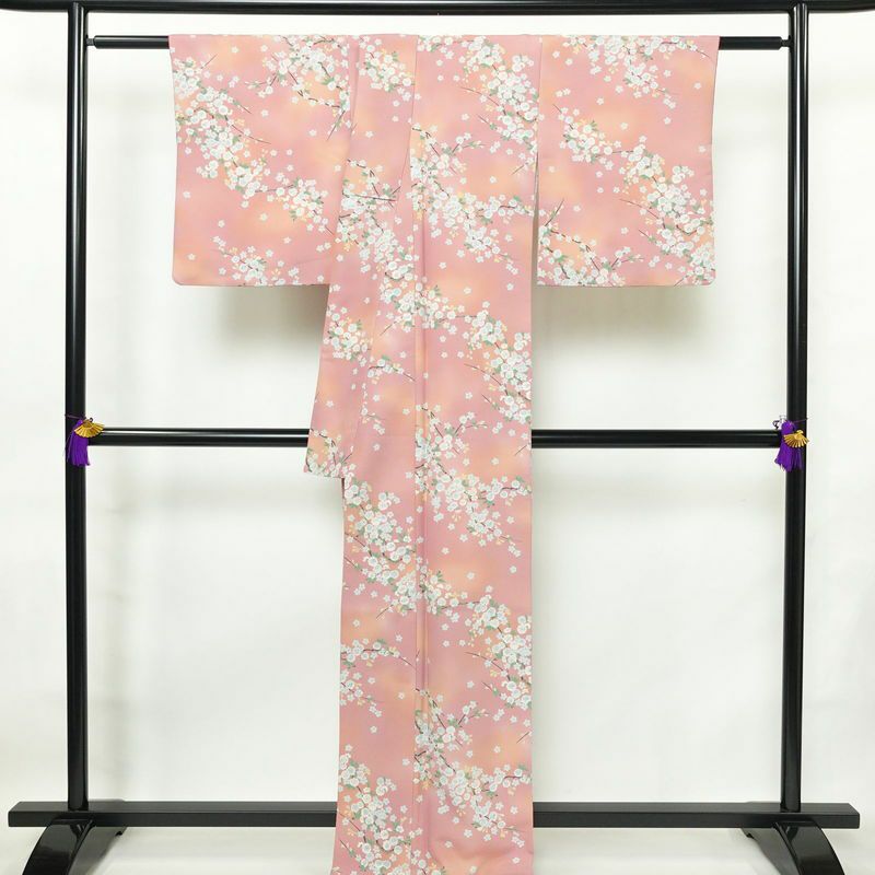 小紋 良品 ポリエステル 花柄 袷仕立て 身丈164.5cm 裄丈67.5cm 着物 ピンク_画像2
