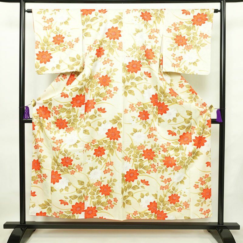 小紋 ポリエステル 花柄 袷仕立て 身丈153.5cm 裄丈64cm 着物 クリーム_画像1