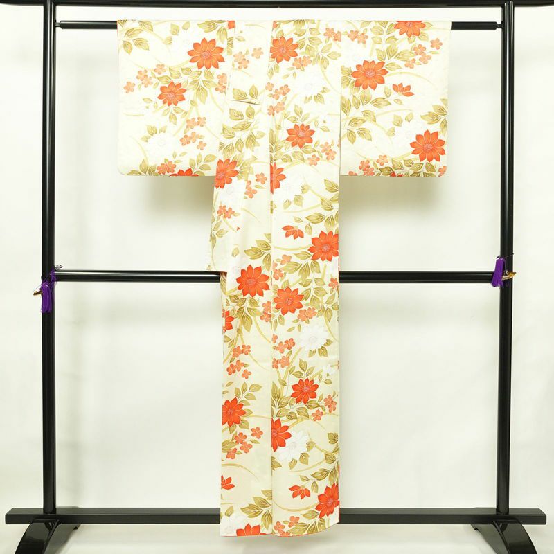 小紋 ポリエステル 花柄 袷仕立て 身丈153.5cm 裄丈64cm 着物 クリーム_画像2