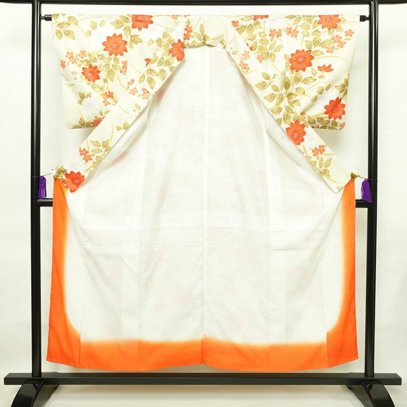 小紋 ポリエステル 花柄 袷仕立て 身丈153.5cm 裄丈64cm 着物 クリーム_画像3