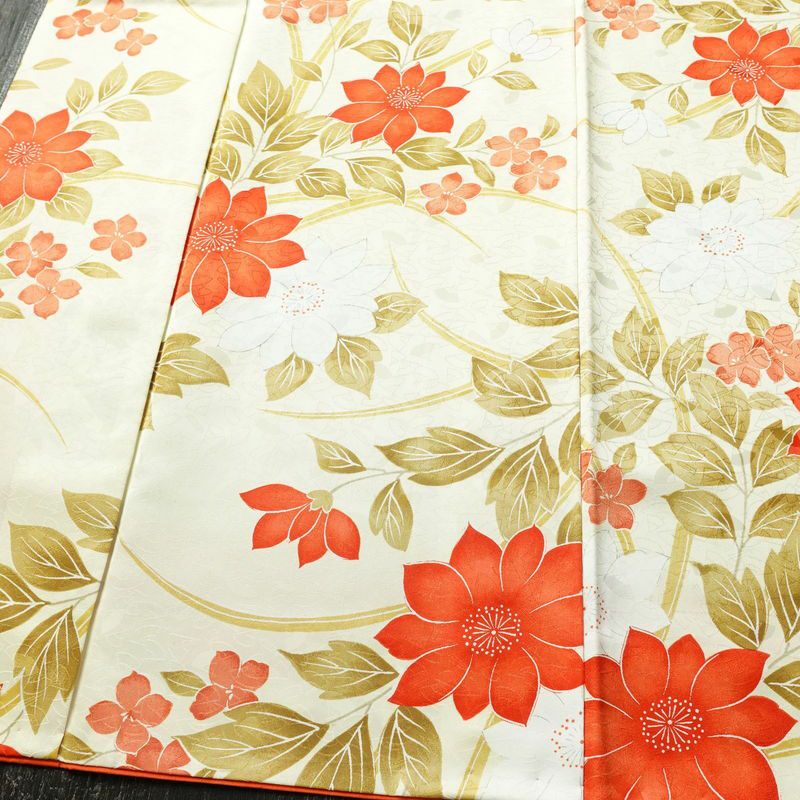 小紋 ポリエステル 花柄 袷仕立て 身丈153.5cm 裄丈64cm 着物 クリーム_画像4