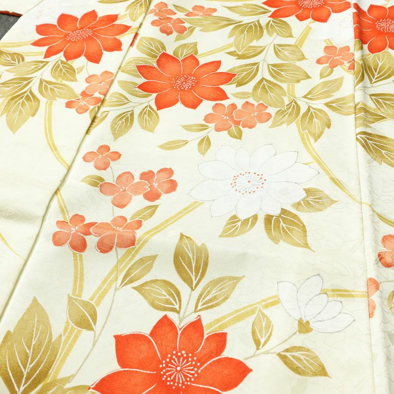 小紋 ポリエステル 花柄 袷仕立て 身丈153.5cm 裄丈64cm 着物 クリーム_画像5