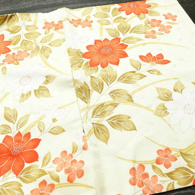 小紋 ポリエステル 花柄 袷仕立て 身丈153.5cm 裄丈64cm 着物 クリーム_画像15