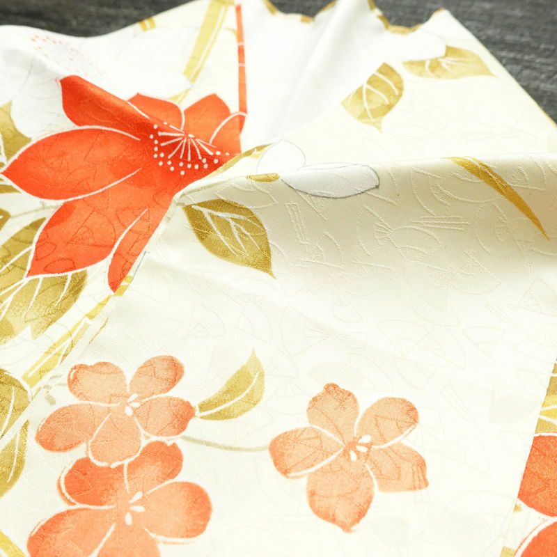 小紋 ポリエステル 花柄 袷仕立て 身丈153.5cm 裄丈64cm 着物 クリーム_画像18