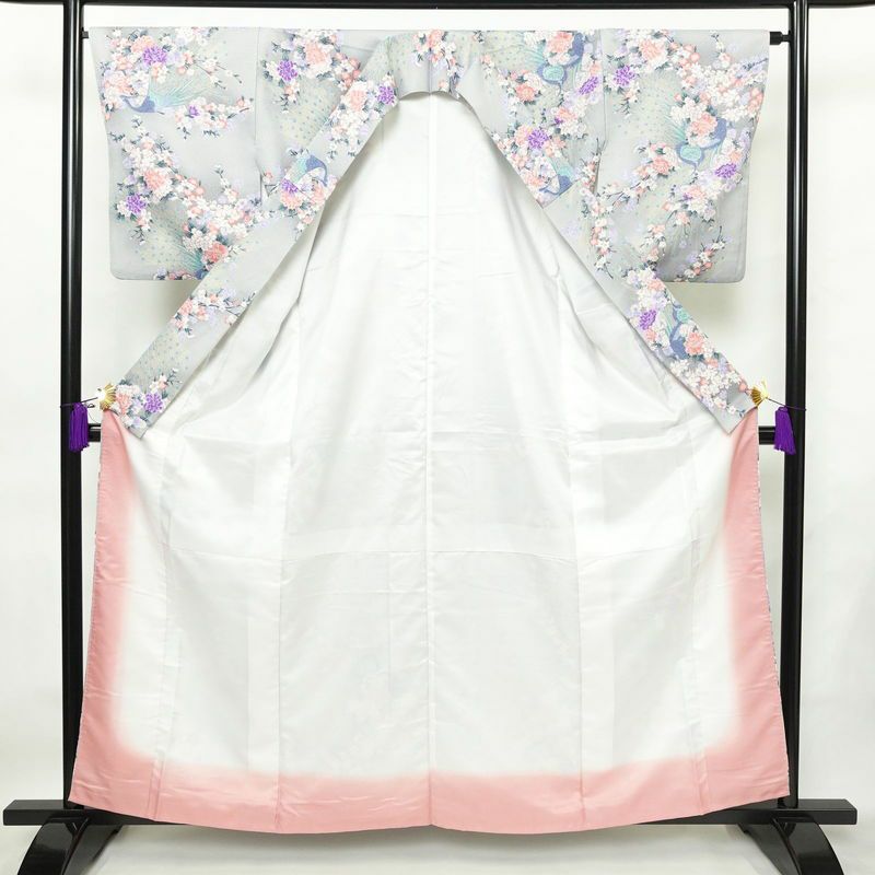 小紋 ポリエステル 花柄 袷仕立て 身丈159cm 裄丈65cm 着物 孔雀 グレー_画像3