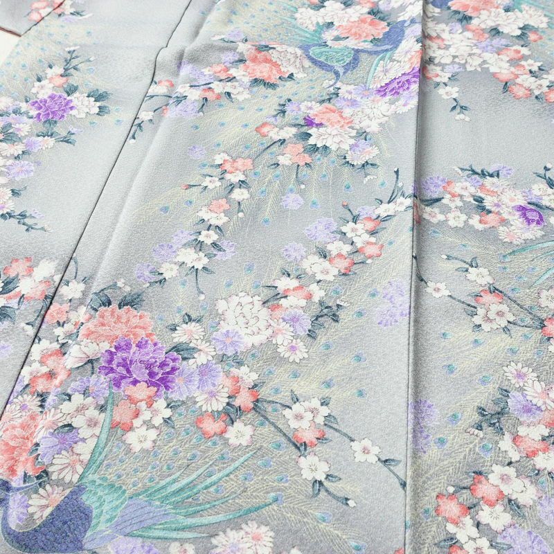 小紋 ポリエステル 花柄 袷仕立て 身丈159cm 裄丈65cm 着物 孔雀 グレー_画像5