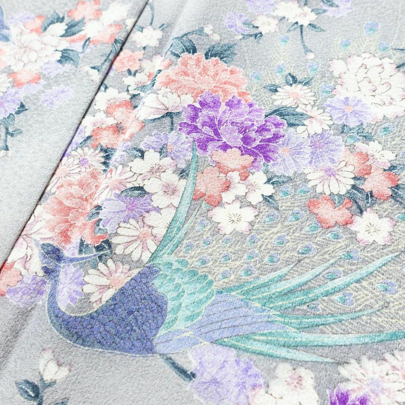 小紋 ポリエステル 花柄 袷仕立て 身丈159cm 裄丈65cm 着物 孔雀 グレー_画像6