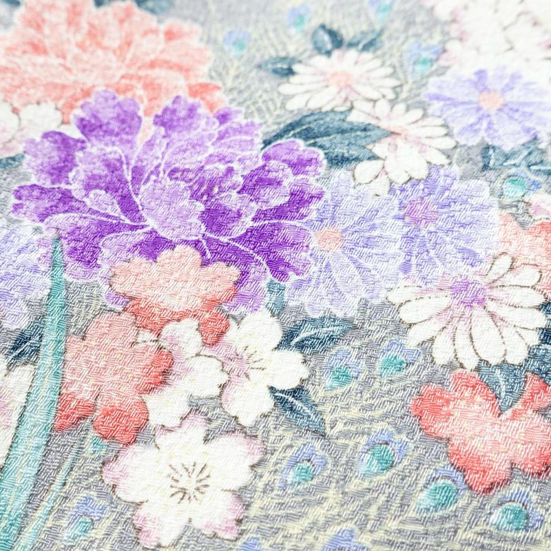 小紋 ポリエステル 花柄 袷仕立て 身丈159cm 裄丈65cm 着物 孔雀 グレー_画像7