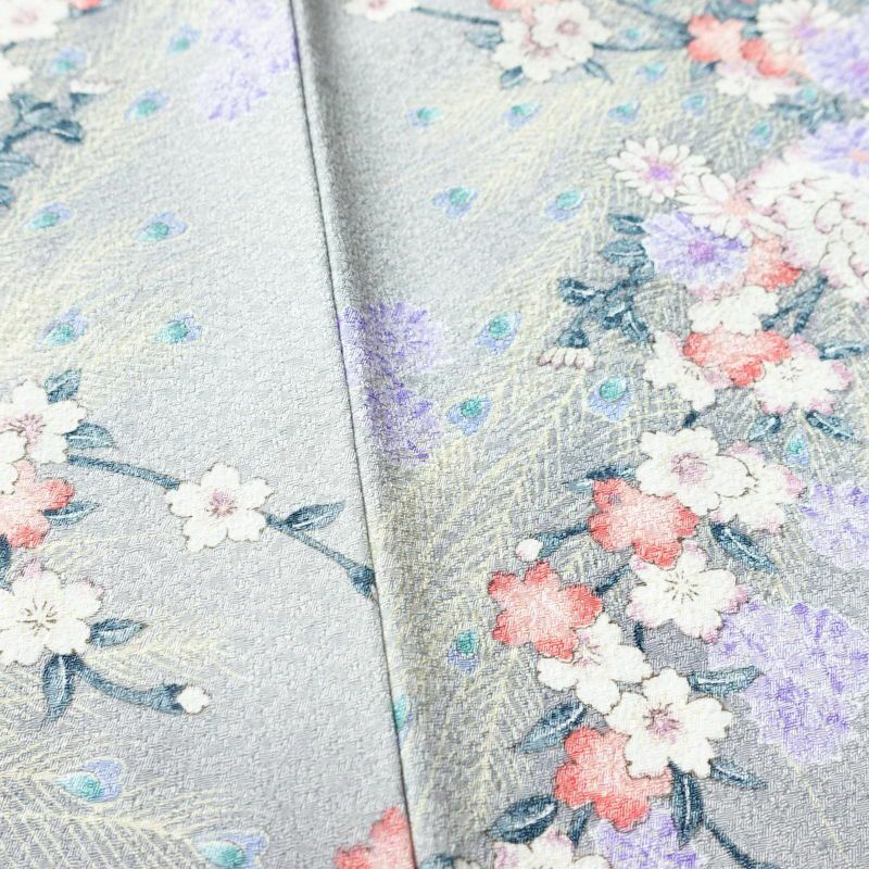 小紋 ポリエステル 花柄 袷仕立て 身丈159cm 裄丈65cm 着物 孔雀 グレー_画像10
