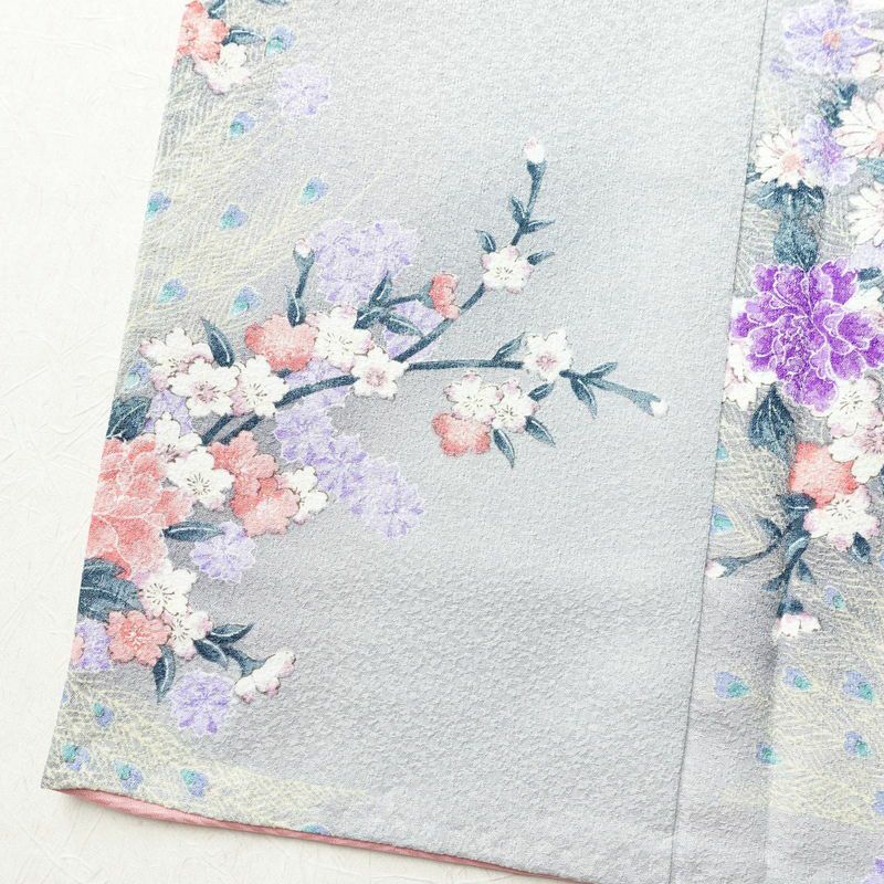 小紋 ポリエステル 花柄 袷仕立て 身丈159cm 裄丈65cm 着物 孔雀 グレー_画像12