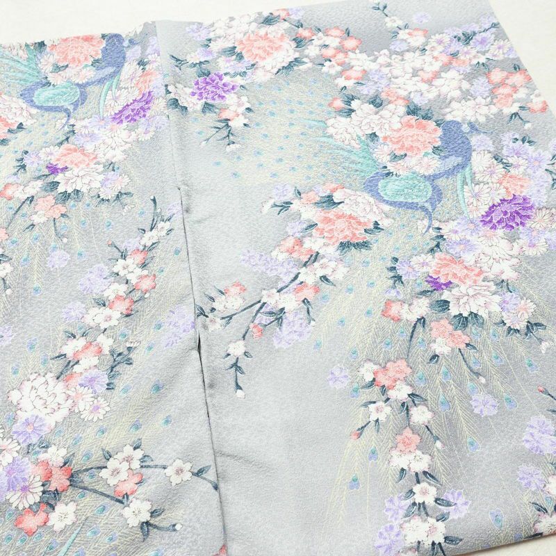小紋 ポリエステル 花柄 袷仕立て 身丈159cm 裄丈65cm 着物 孔雀 グレー_画像13