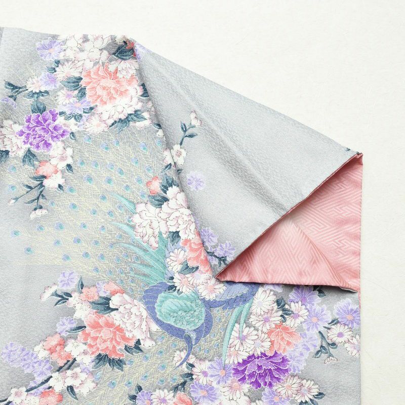 小紋 ポリエステル 花柄 袷仕立て 身丈159cm 裄丈65cm 着物 孔雀 グレー_画像14