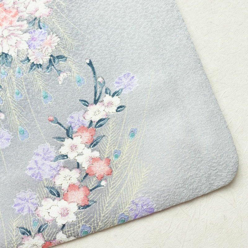 小紋 ポリエステル 花柄 袷仕立て 身丈159cm 裄丈65cm 着物 孔雀 グレー_画像15