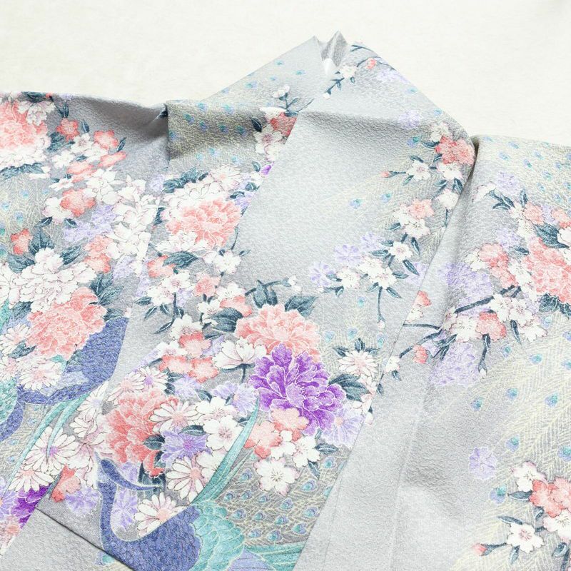 小紋 ポリエステル 花柄 袷仕立て 身丈159cm 裄丈65cm 着物 孔雀 グレー_画像16