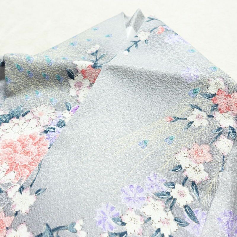小紋 ポリエステル 花柄 袷仕立て 身丈159cm 裄丈65cm 着物 孔雀 グレー_画像17