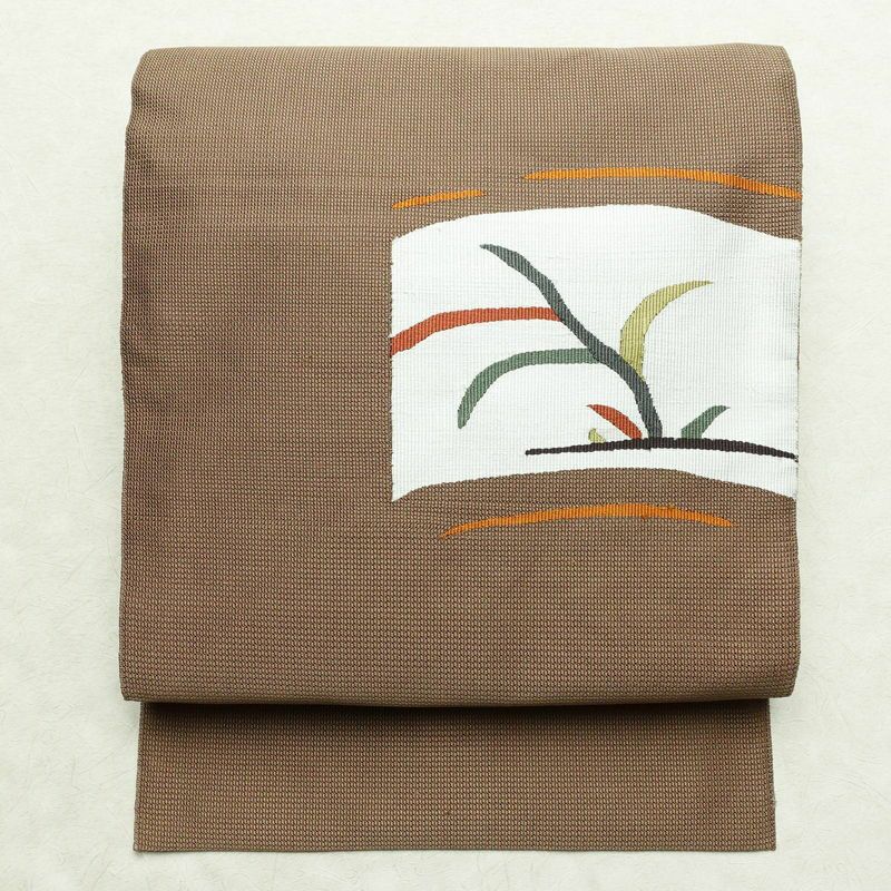 名古屋帯 太鼓柄 正絹 木の葉・植物柄 松葉仕立て 帯 茶_画像1