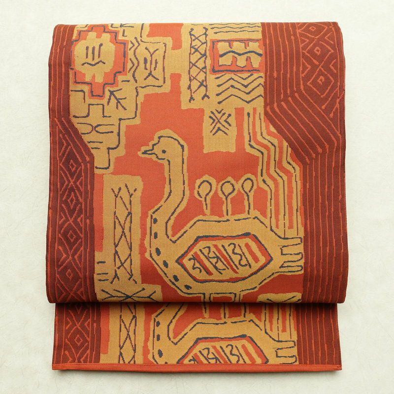 袋帯 六通柄 一般用 正絹 人物・動物柄 帯 橙_画像1