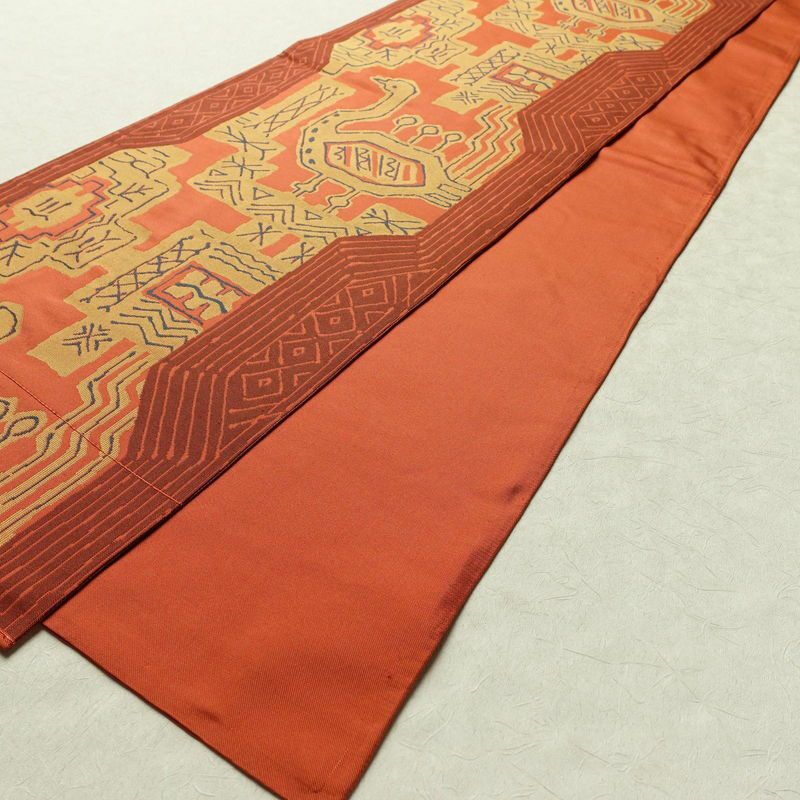 袋帯 六通柄 一般用 正絹 人物・動物柄 帯 橙_画像8