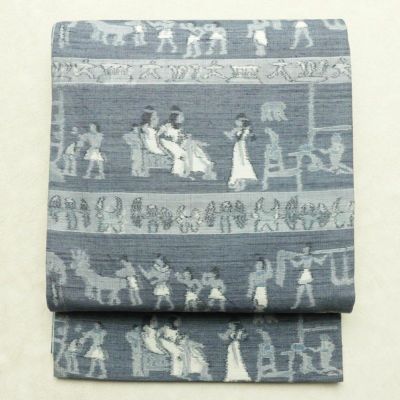 袋帯 六通柄 良品 一般用 正絹 人物・動物柄 帯 青・紺