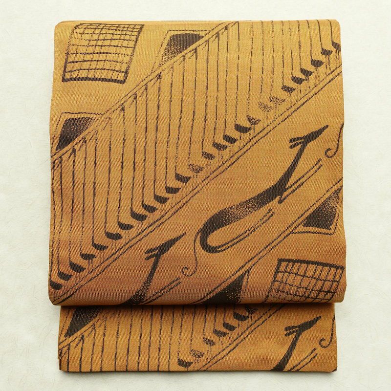 袋帯 六通柄 美品 一般用 正絹 幾何学柄・抽象柄 帯 黄・黄土色_画像1