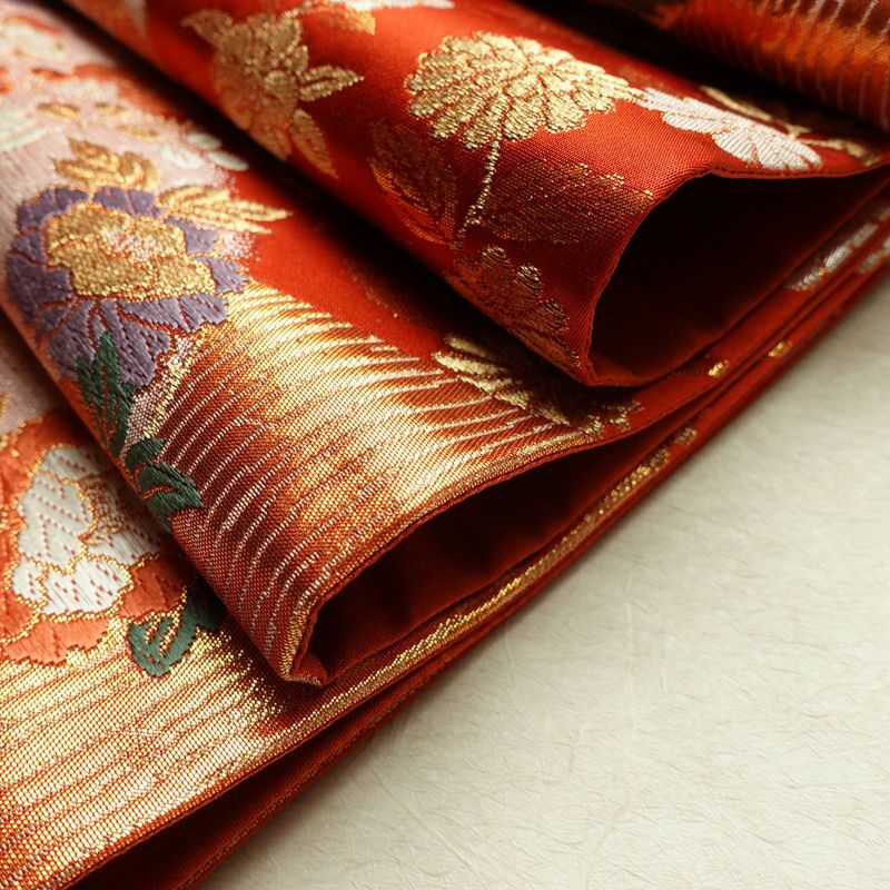 袋帯 六通柄 フォーマル用 正絹 木の葉・植物柄 箔 金糸 帯 赤・朱_画像20