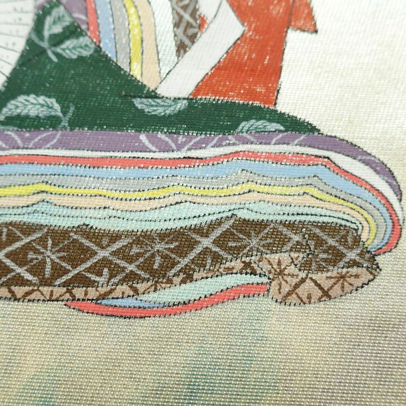 袋帯 太鼓柄 手描き 落款入り フォーマル用 正絹 人物・動物柄 帯 クリーム_画像4