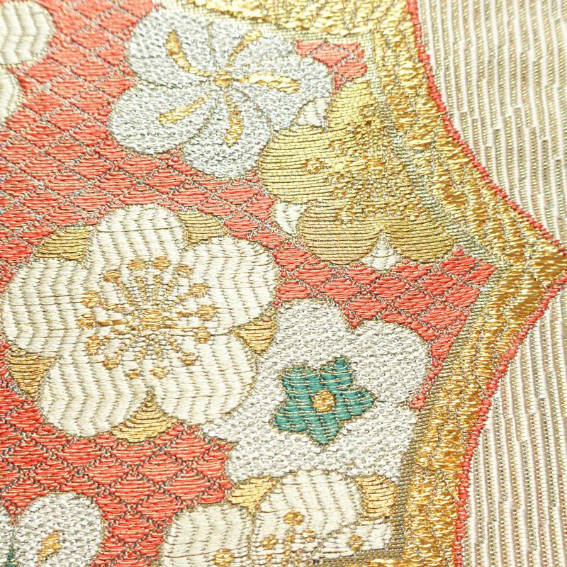 袋帯 六通柄 フォーマル用 正絹 古典柄 箔 金糸 梅 菊 帯 ピンク_画像3
