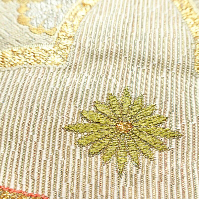 袋帯 六通柄 フォーマル用 正絹 古典柄 箔 金糸 梅 菊 帯 ピンク_画像4