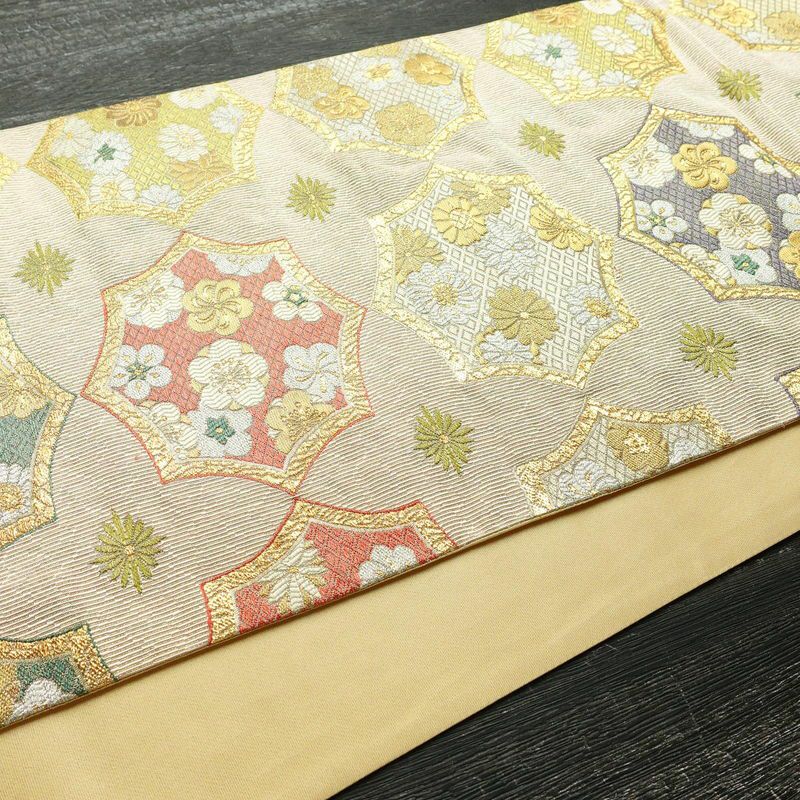 袋帯 六通柄 フォーマル用 正絹 古典柄 箔 金糸 梅 菊 帯 ピンク_画像11