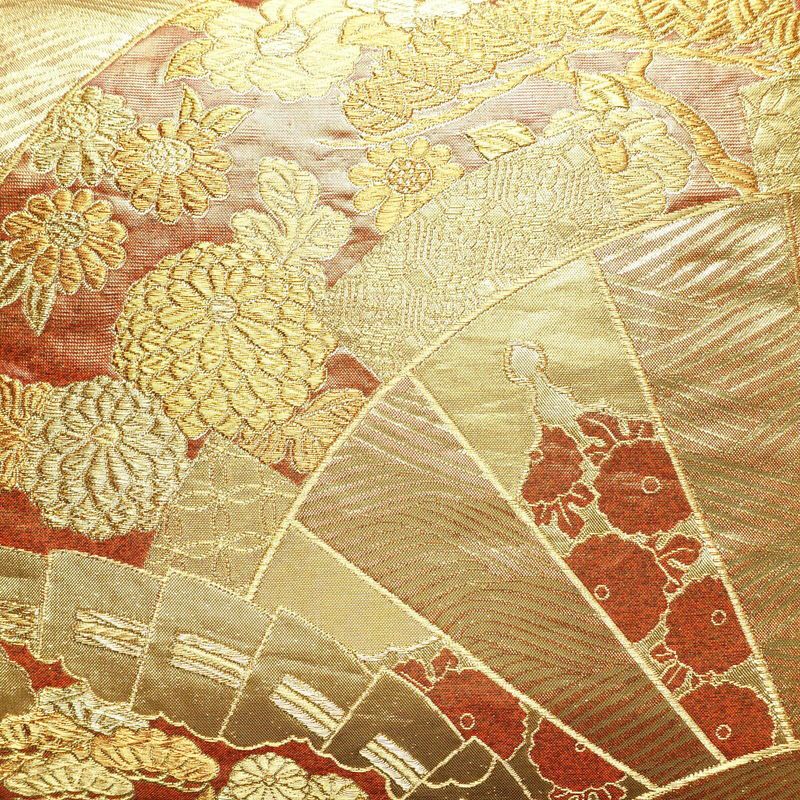 袋帯 六通柄 フォーマル用 正絹 古典柄 箔 扇面 金糸 帯 茶_画像2
