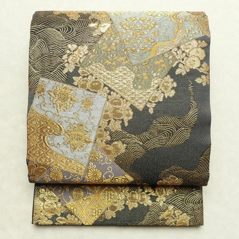 袋帯 六通柄 良品 フォーマル用 正絹 古典柄 箔 金通し 金糸 帯 グレー_画像1