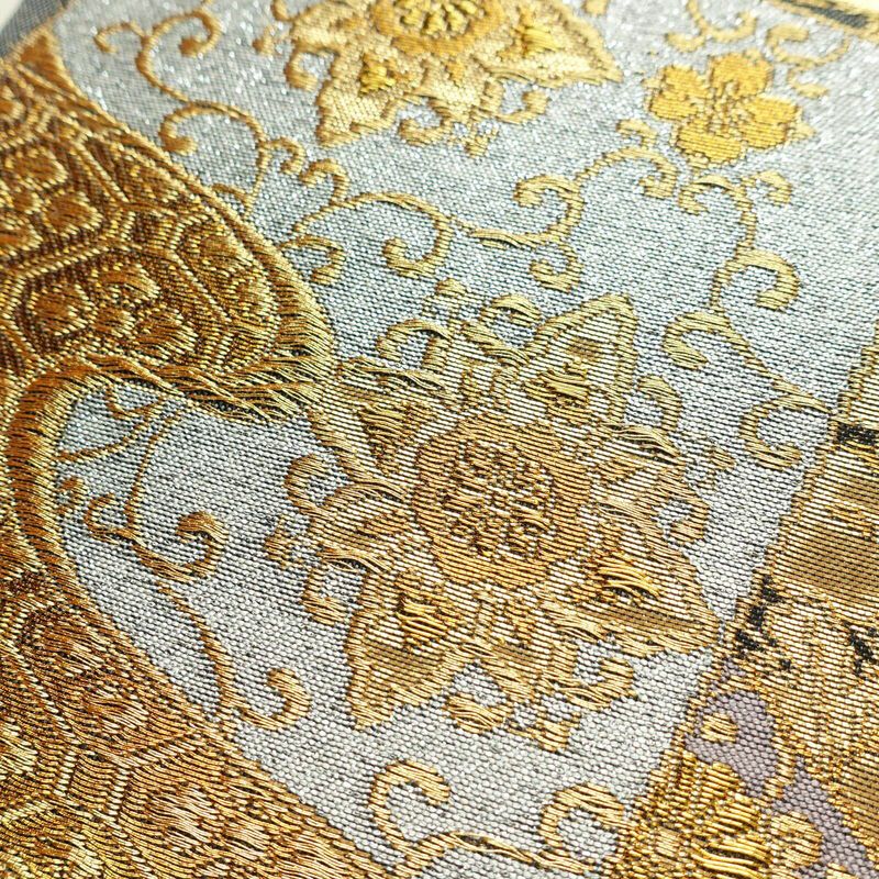 袋帯 六通柄 良品 フォーマル用 正絹 古典柄 箔 金通し 金糸 帯 グレー_画像3