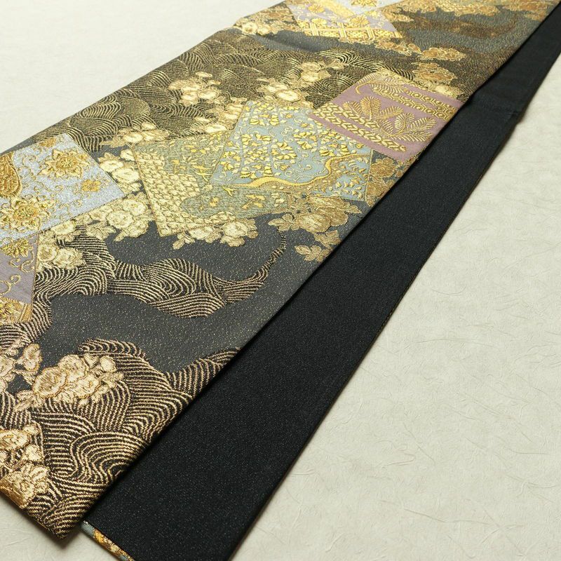 袋帯 六通柄 良品 フォーマル用 正絹 古典柄 箔 金通し 金糸 帯 グレー_画像8