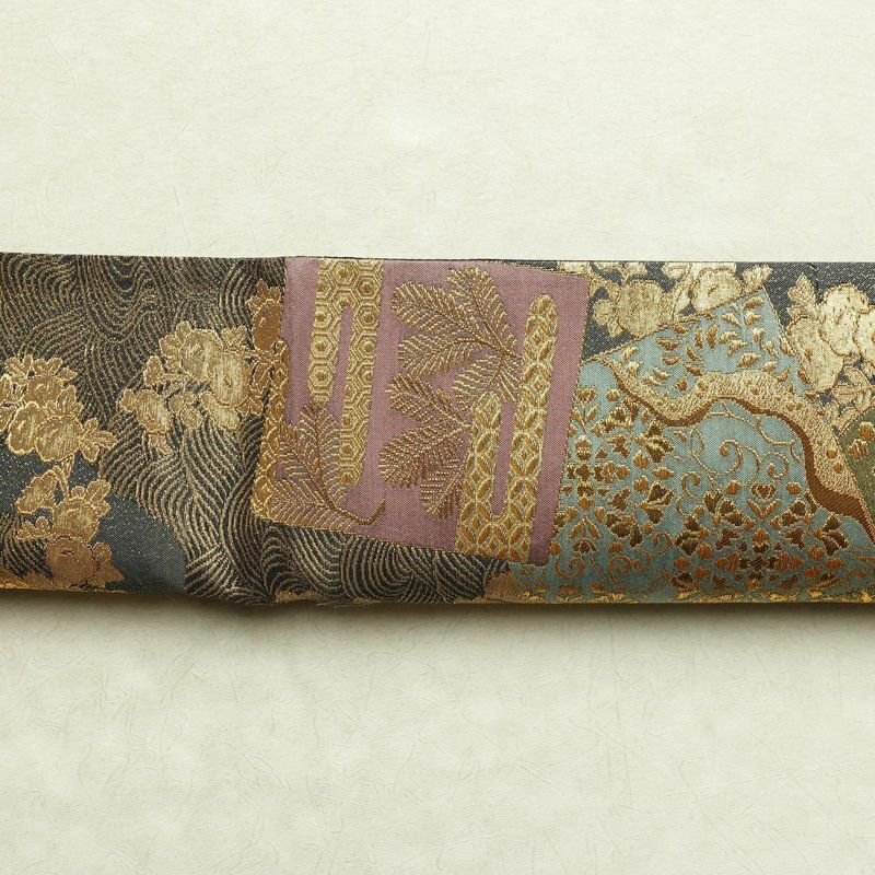 袋帯 六通柄 良品 フォーマル用 正絹 古典柄 箔 金通し 金糸 帯 グレー_画像15
