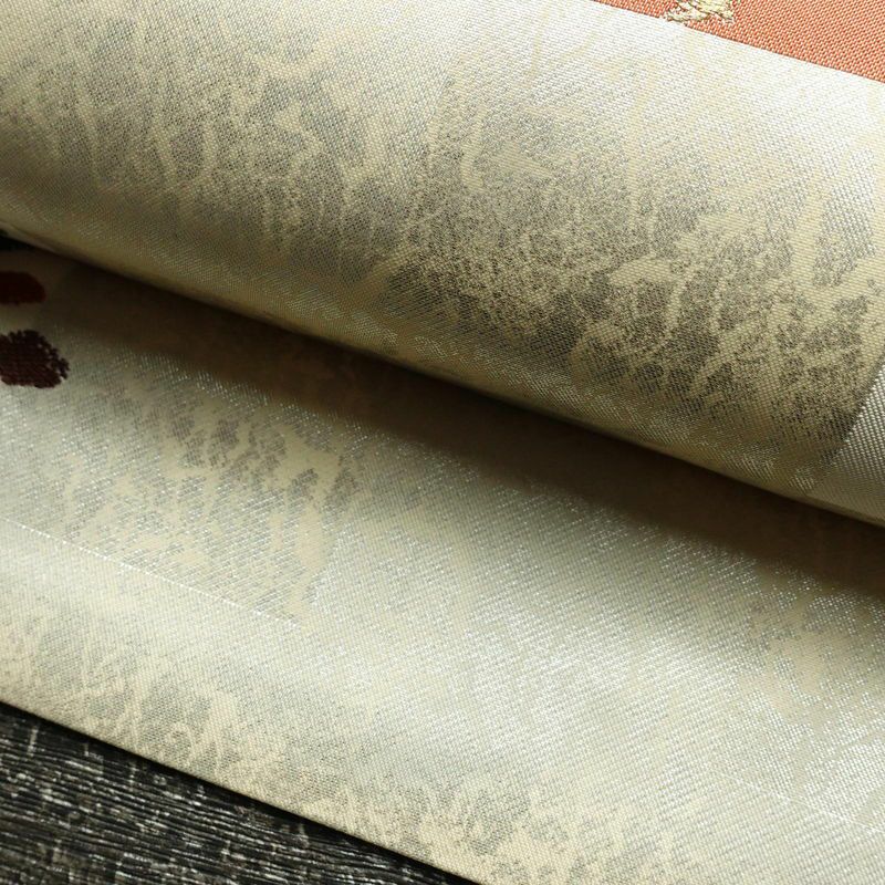 名古屋帯 六通柄 正絹 木の葉・植物柄 名古屋仕立て 箔 帯 白_画像6