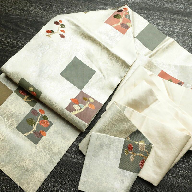 名古屋帯 六通柄 正絹 木の葉・植物柄 名古屋仕立て 箔 帯 白_画像17