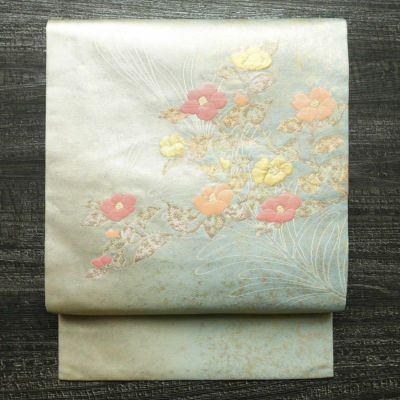 中古 名古屋帯 太鼓柄 正絹 花柄 名古屋仕立て 箔 刺繍 紫陽花 ピンク