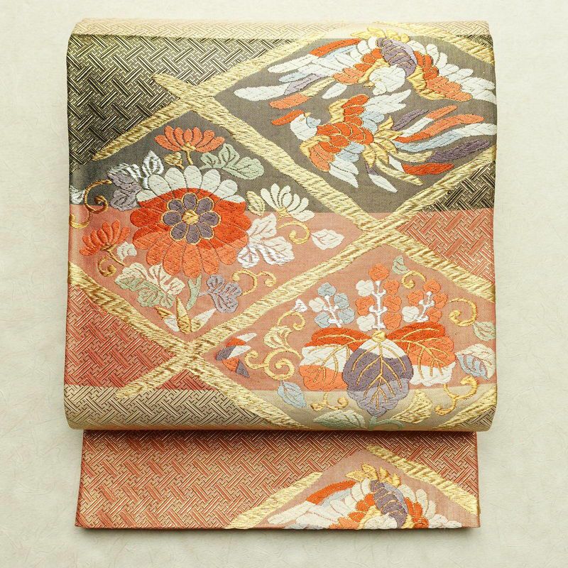 袋帯 六通柄 フォーマル用 正絹 幾何学柄・抽象柄 箔 金糸 銀糸 帯 橙_画像1