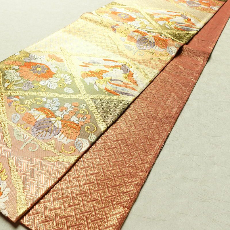 袋帯 六通柄 フォーマル用 正絹 幾何学柄・抽象柄 箔 金糸 銀糸 帯 橙_画像8