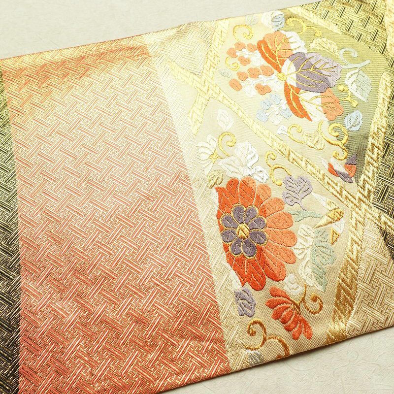 袋帯 六通柄 フォーマル用 正絹 幾何学柄・抽象柄 箔 金糸 銀糸 帯 橙_画像16