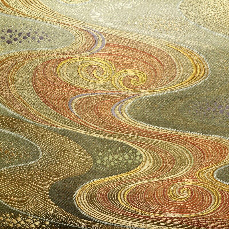 袋帯 観世流水文 六通柄 美品 フォーマル用 正絹 流水・波柄 箔 金通し 金糸 帯 緑・うぐいす色_画像2