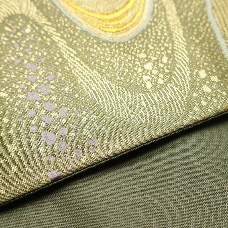 袋帯 観世流水文 六通柄 美品 フォーマル用 正絹 流水・波柄 箔 金通し 金糸 帯 緑・うぐいす色_画像11