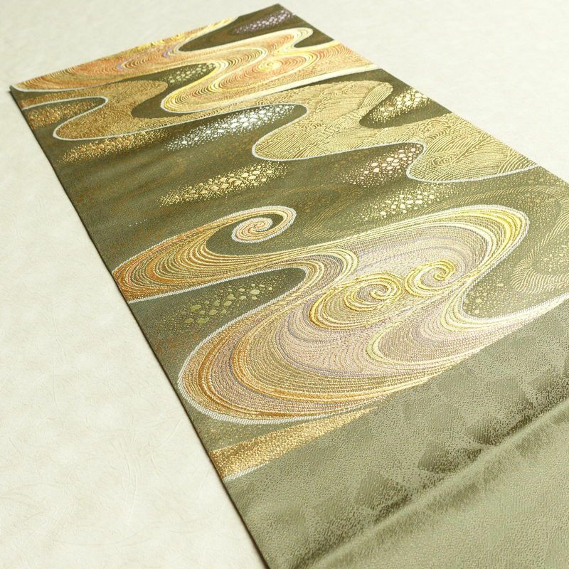 袋帯 観世流水文 六通柄 美品 フォーマル用 正絹 流水・波柄 箔 金通し 金糸 帯 緑・うぐいす色_画像17