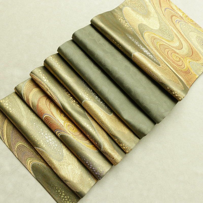 袋帯 観世流水文 六通柄 美品 フォーマル用 正絹 流水・波柄 箔 金通し 金糸 帯 緑・うぐいす色_画像18