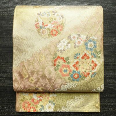 袋帯 本金二重箔 扇面花鳥 文六通柄 良品 フォーマル用 正絹 古典柄 箔