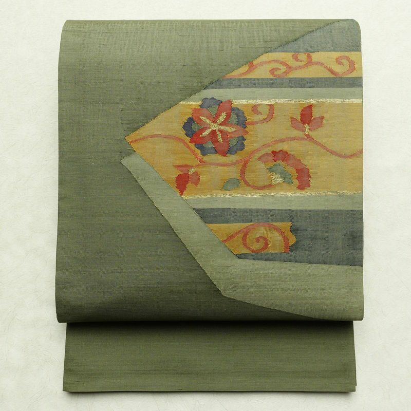 袋帯 太鼓柄 一般用 正絹 花柄 金糸 緑・うぐいす色_画像1
