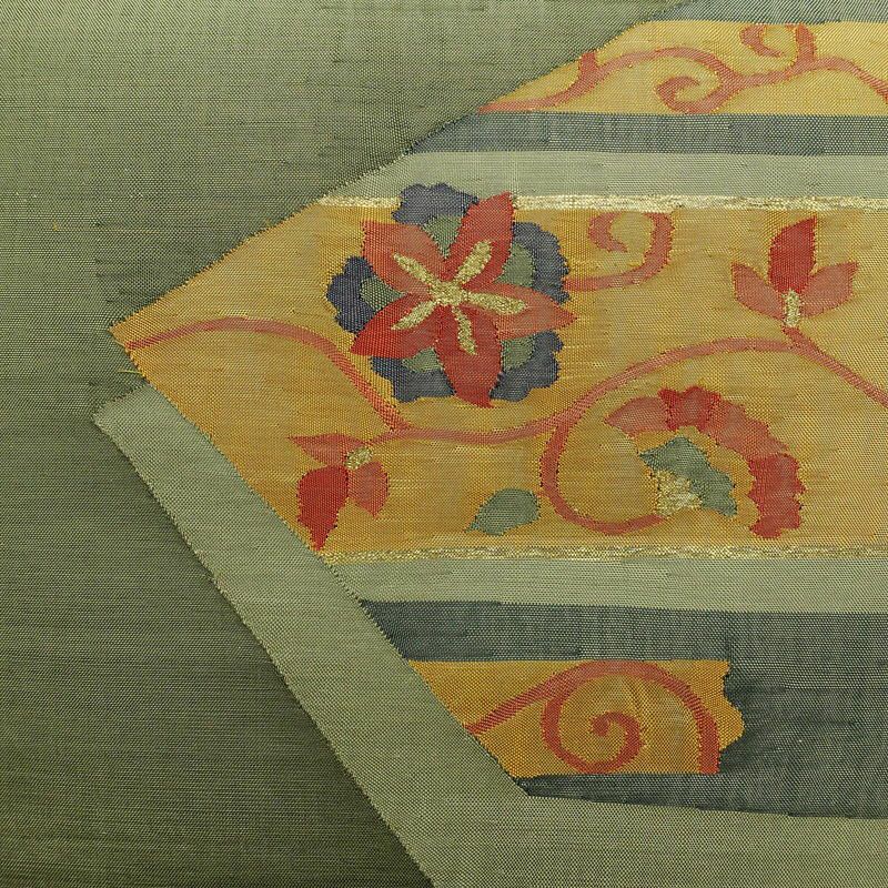 袋帯 太鼓柄 一般用 正絹 花柄 金糸 緑・うぐいす色_画像2