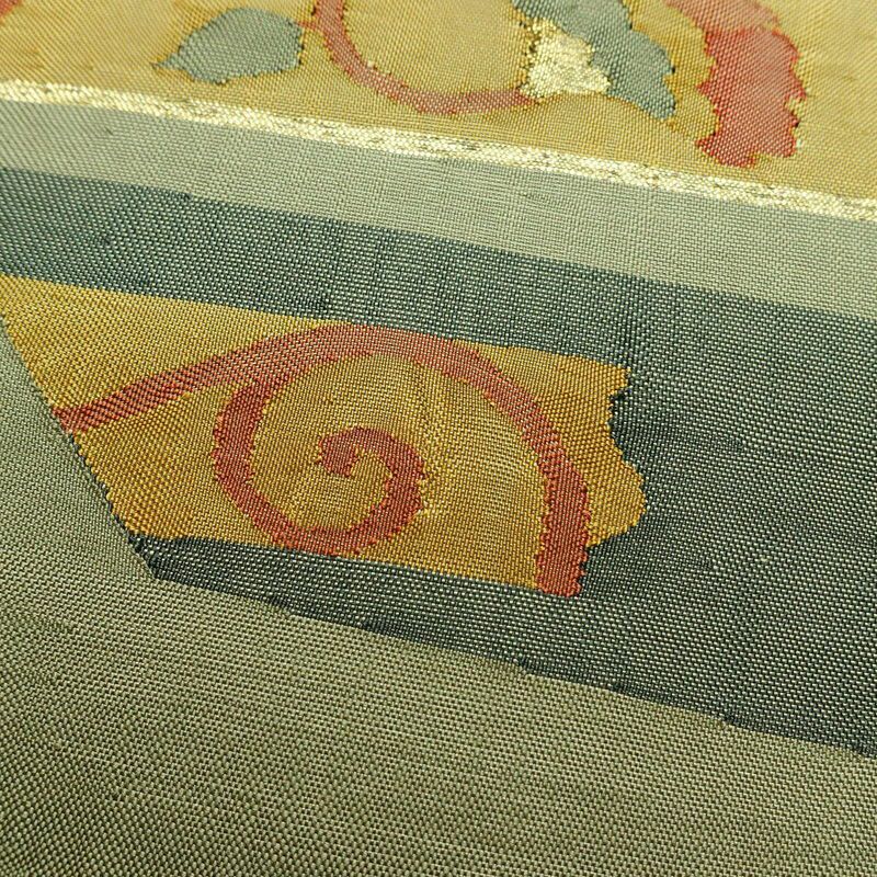 袋帯 太鼓柄 一般用 正絹 花柄 金糸 緑・うぐいす色_画像4